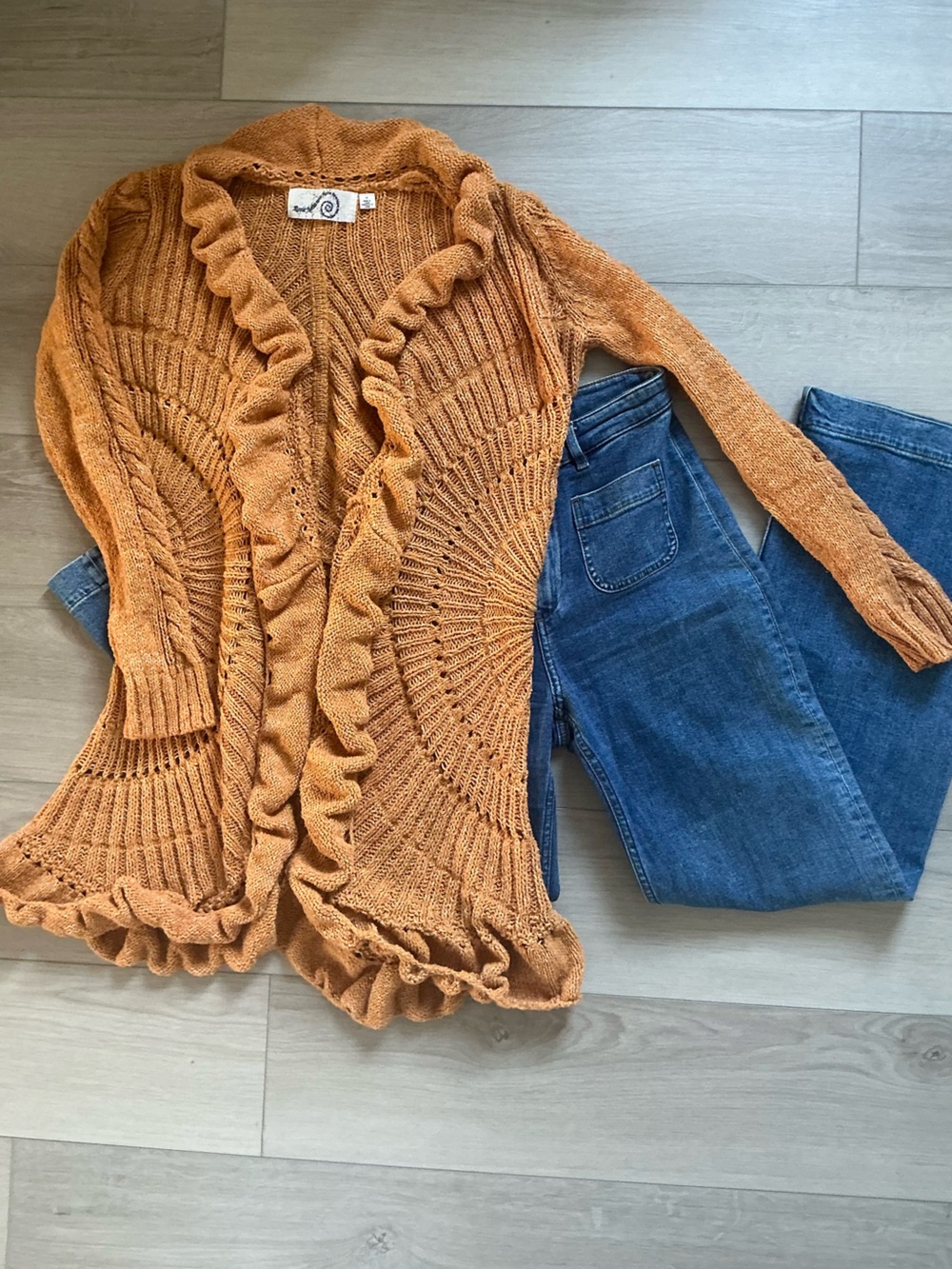 Anthropologie Circle Knit Cardigan Ruffle Open Front Sweater Mustard Yellow
